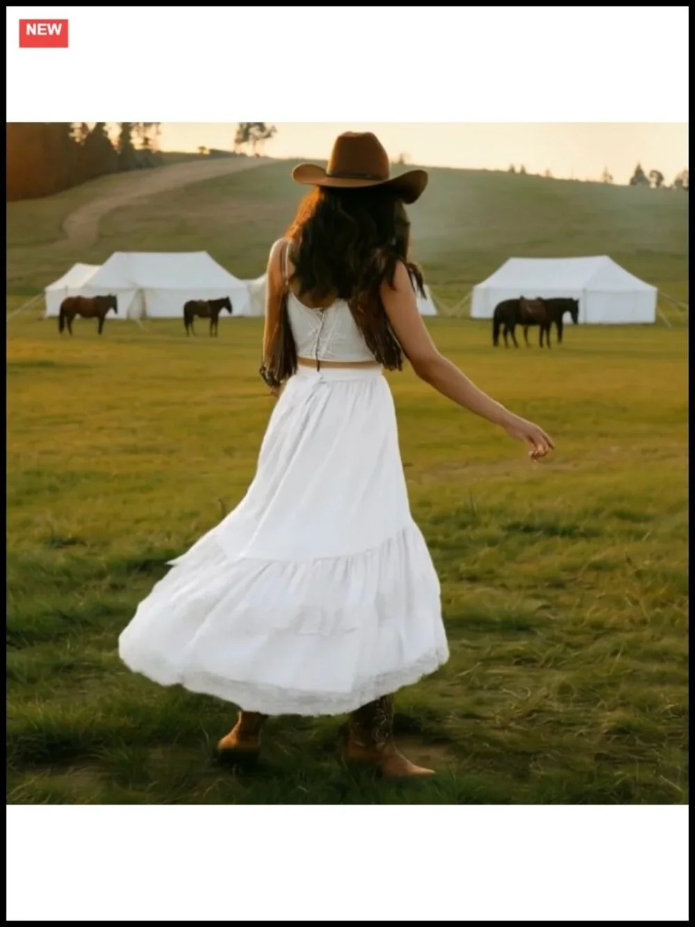 Womens Western Boho High Waist Lace Trim Skirt Asymmetrical Tiered Cowgirl Midi